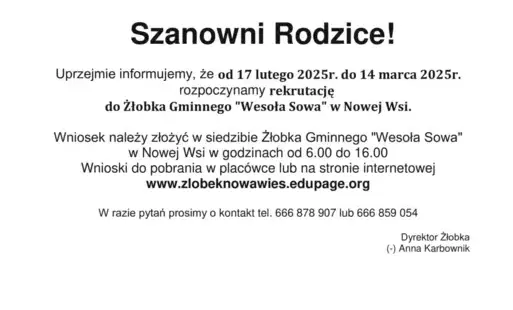 Zdjęcie do REKRUTACJA DO ŻŁOBKA GMINNEGO &quot;WESOŁA SOWA&quot; W NOWEJ WSI