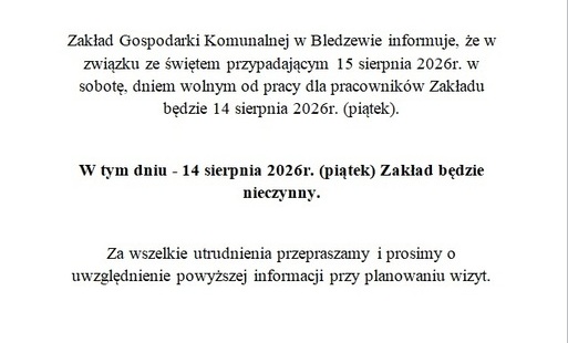 Zdjęcie do Ogłoszenie ZGK Bledzew - 14 sierpnia dniem wolnym od pracy