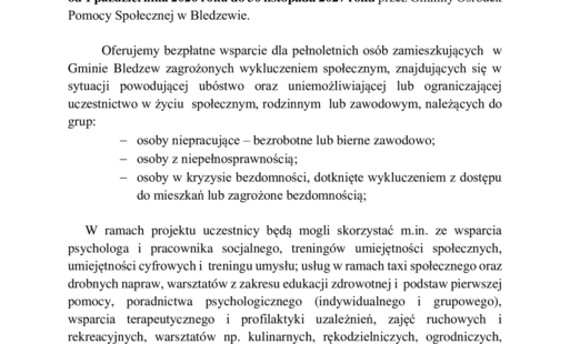 Zdjęcie do REKRUTACJA do projektu &bdquo;Gmina Bledzew wspiera aktywizację  społeczną mieszkańc&oacute;w&rdquo;