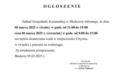 Zdjęcie do OGŁOSZENIE -&gt; WODA -&gt; CHYCINA