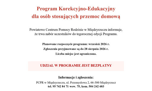 Zdjęcie do Powiatowe Centrum Pomocy Rodzinie w Międzyrzeczu informuje, że trwa nab&oacute;r uczestnik&oacute;w do tegorocznej edycji Programu  Korekcyjno-Edukacyjnego dla os&oacute;b stosujących przemoc domową