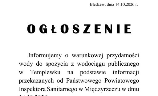 Zdjęcie do WAŻNY KOMUNIKAT DLA MIESZKAŃC&Oacute;W TEMPLEWKA! WODA JEST ZDATNA DO PICIA WYŁĄCZNIE PO PRZEGOTOWANIU!